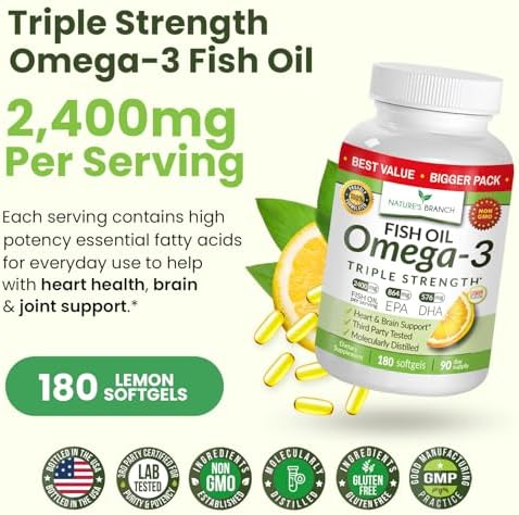 Nature's Branch high potency lemon flavor fish oil supplement showing high EPA and DHA nutritional facts.