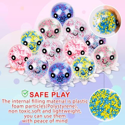 Multicolor octopus sensory squeeze balls being compressed in an adult hand