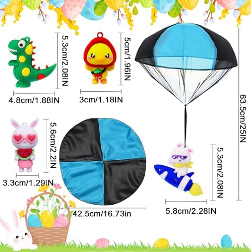 Close up view of the durable polyester parachute toys extended in the air mimicking real landing situations.