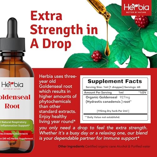 Herbia liquid goldenseal root herbal supplement 2 fluid ounce packaging side view