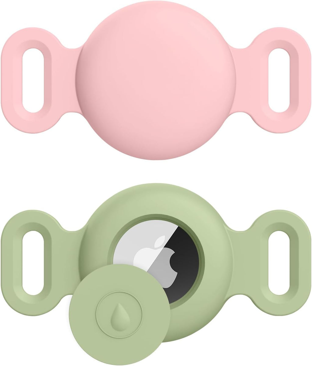 Meliya Airtag dog collar holder front view in pink and matcha