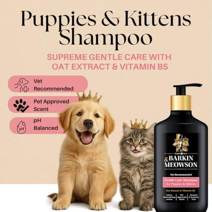 Back label of Barkin & Meowson pet shampoo showing paraben and sulphate free callouts