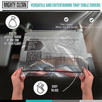 Disposable tray protector being folded up into a convenient trash bag with flight wrappers inside.