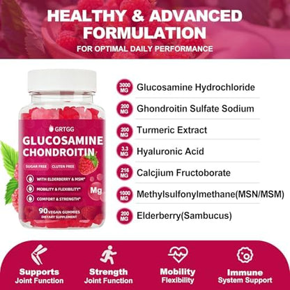 Glucosamine Chondroitin Gummies with MSM & Elderberry Extra Strength 3000MG - Joint Support, Antioxidant Immune Support Supplement for Adults, Men & Women - 90 Raspberry Gummies - Image 3