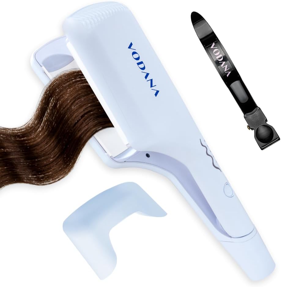 Vodana Professional Triple Flow Ceramic Hair Waver front view showcasing the creamy blue exterior.