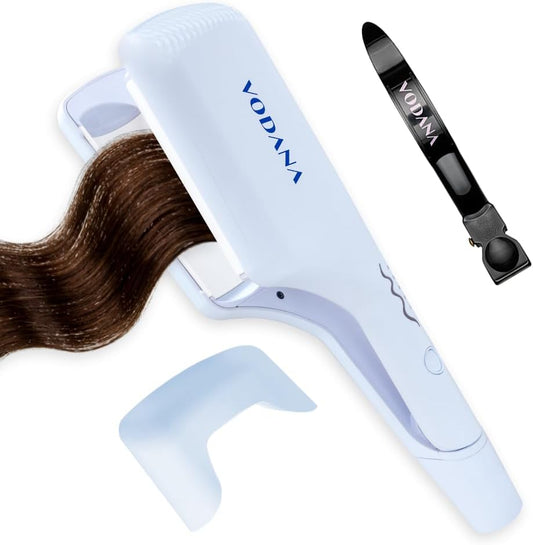 Vodana Professional Triple Flow Ceramic Hair Waver front view showcasing the creamy blue exterior.