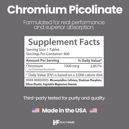 Authentic HealthFare Chromium Picolinate bottle placed on a clean surface showcasing authentic imported personal health care products.