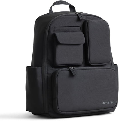 Itzy Ritzy Belong Utility Diaper Bag Backpack front view in black fabric showing its structured design.