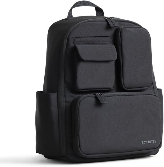 Itzy Ritzy Belong Utility Diaper Bag Backpack front view in black fabric showing its structured design.