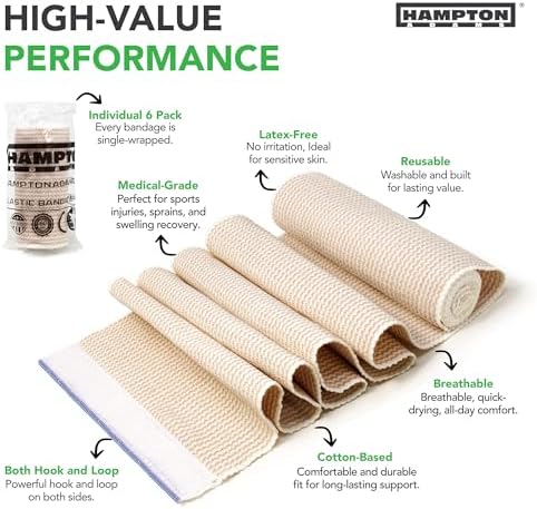 Multiple sizes of Hampton Adams elastic bandages for ankle and calf support