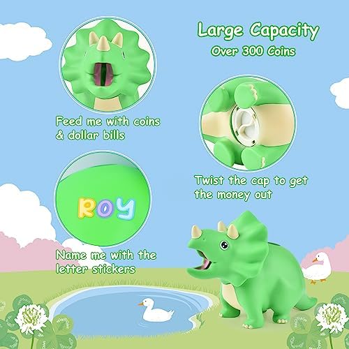 Dinosaur Piggy Bank for Kids, Unbreakable Plastic Money Coin Bank for Boys and Girls, Great Gifts for Birthday, Easter, Christmas (Green) - Image 6