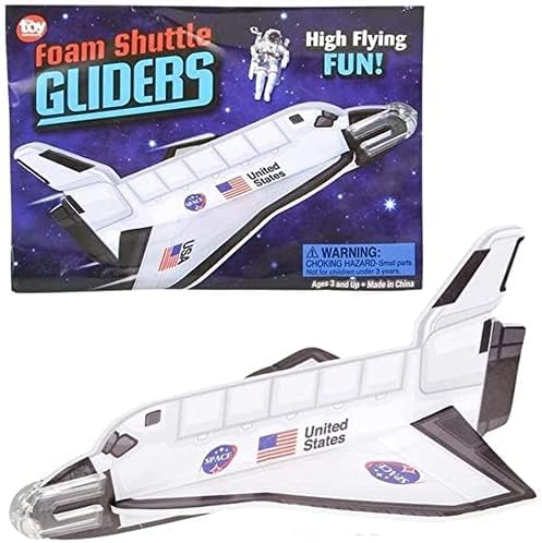 ArtCreativity 5 inch foam space shuttle gliders spread out individually packaged for birthday party favors.