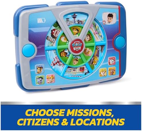 Toddler hands holding the blue and red Paw Patrol command tablet toy.