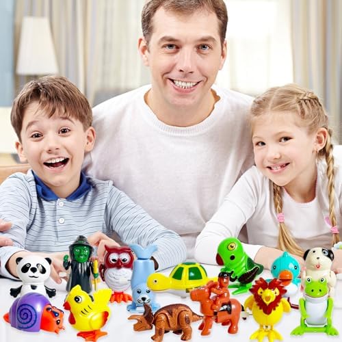 Packaging box layout of the premium USA imported twenty four piece clockwork toy set for kids rewards.