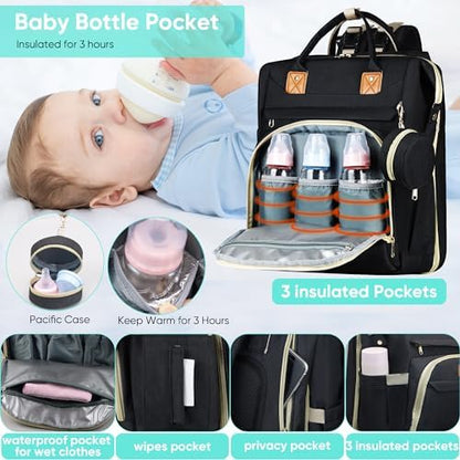 Interior view of the large capacity baby bag displaying multiple storage compartments and wet dry separation sections.