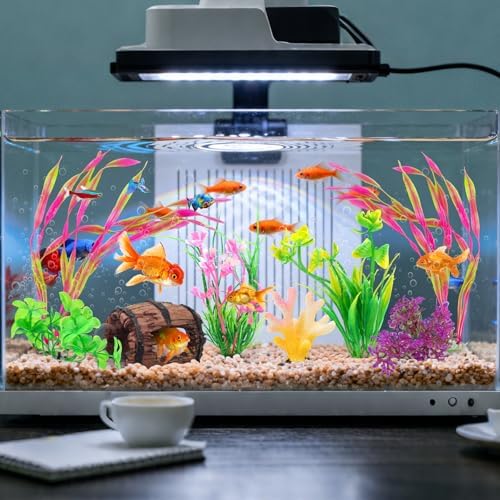 Vibrant yellow resin coral decoration and plastic water grass for aquascaping.