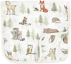 Folded forest animal print burp cloths in a stack