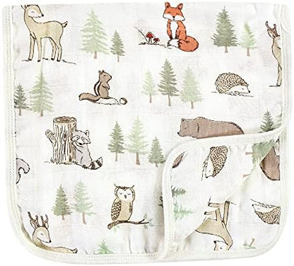 Folded forest animal print burp cloths in a stack