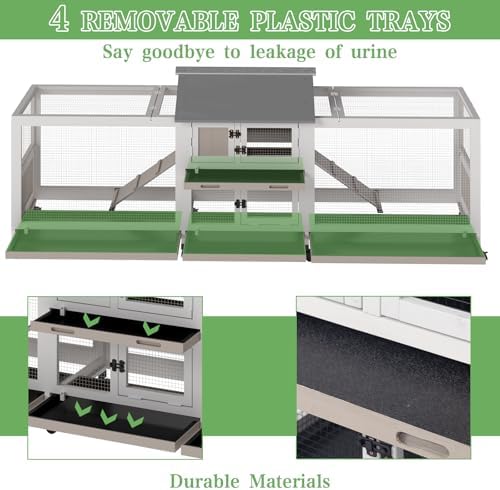 Extra Large 2-Story Rabbit Hutch Indoor and Outdoor with Dual Run Areas for 2-6 Rabbits & Guinea Pig, Wooden Bunny Hutch with 4 Pull-Out Trays, 2 Chew-Proof Ramps, Asphalt Roof, 8 Lockable Wheels - Image 4