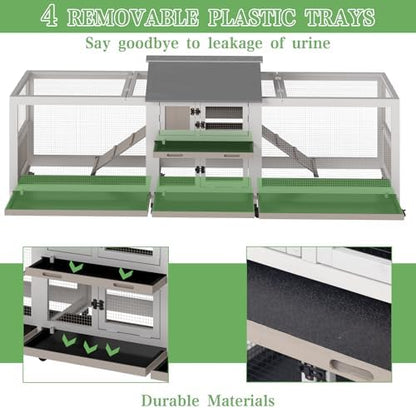 Extra Large 2-Story Rabbit Hutch Indoor and Outdoor with Dual Run Areas for 2-6 Rabbits & Guinea Pig, Wooden Bunny Hutch with 4 Pull-Out Trays, 2 Chew-Proof Ramps, Asphalt Roof, 8 Lockable Wheels - Image 4