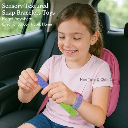 Variety of colorful textured fidget bracelets for kids and adults