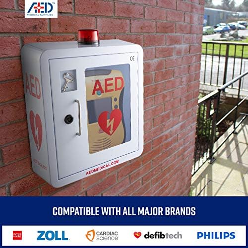 Internal view of Pans Pro defibrillator cabinet showing universal storage space and alarm sensor.
