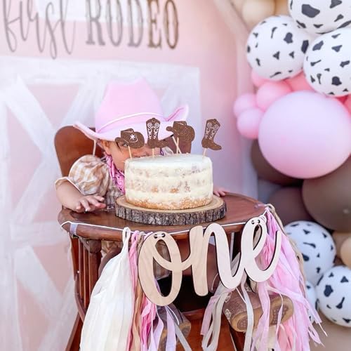 Decorative cupcake toppers arranged for a western themed baby shower.