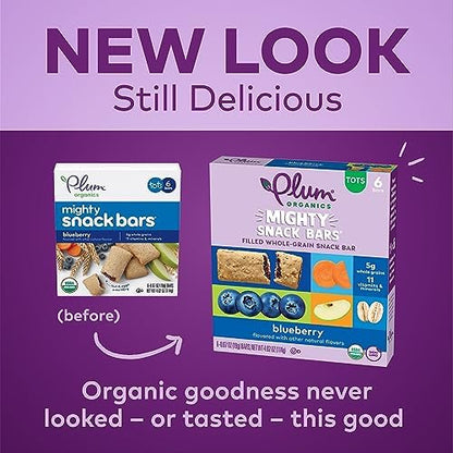 Plum Organics Mighty Snack Bars nutritional facts panel displaying 5 grams of whole grains per serving.