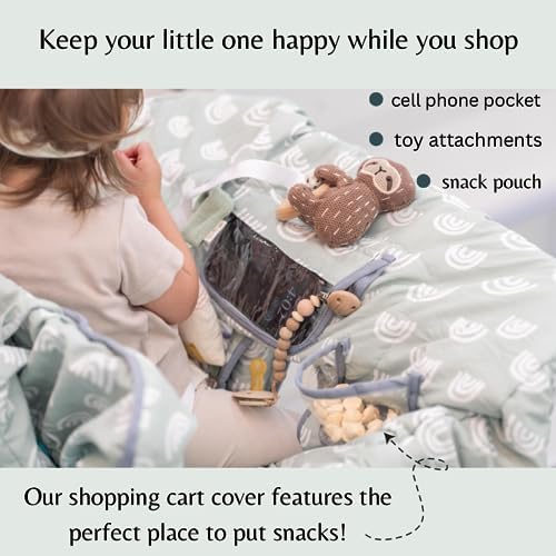 ROKOMO foldable baby cart cover showing the integrated cell phone holder and snack pouch.