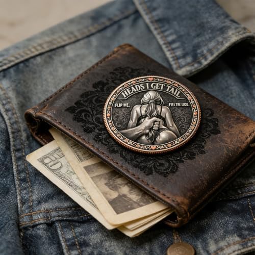 Close up view of the premium metallic etching on the adult novelty coin