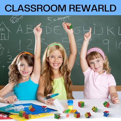 Minntoy mini cube puzzle toys stacked in a colorful tower demonstrating the uniform shape and size.