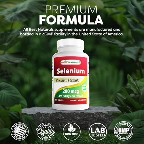 Close-up of Best Naturals Selenium 240 tablets bottle showcasing gluten-free certification
