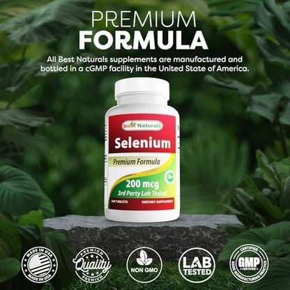 Close-up of Best Naturals Selenium 240 tablets bottle showcasing gluten-free certification