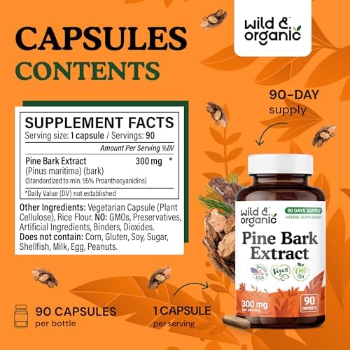 Side profile of Wild And Organic Pine Bark Extract bottle highlighting non-GMO and vegan certifications.