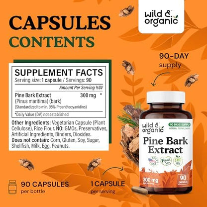 Wild and Organic 300 mg pine bark extract non GMO capsules for cardiovascular health.
