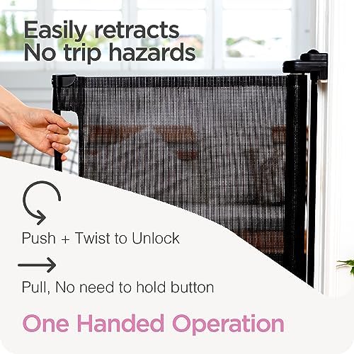 Perma Child Safety black mesh safety gate fully extended across a hallway.