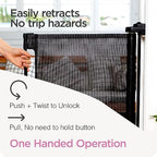 Perma Child Safety black mesh safety gate fully extended across a hallway.
