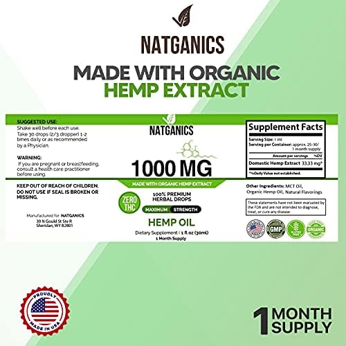 Natganics Hemp Oil label showing 1000mg potency details
