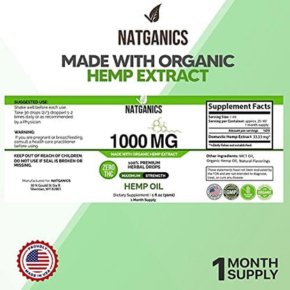 Natganics Hemp Oil label showing 1000mg potency details