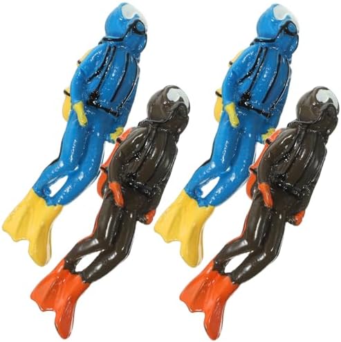 Four piece resin miniature people set in blue and brown diving suits for aquarium landscaping ornaments.
