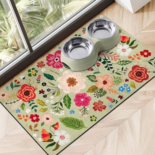 Cuslnox Floral Green Pet Mat on floor with bowls
