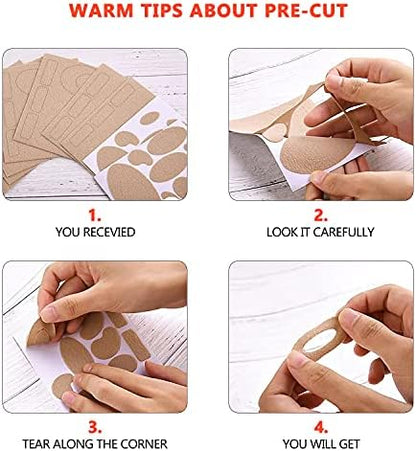 Backing sheet showing 110 pieces of beige adhesive moleskin tape