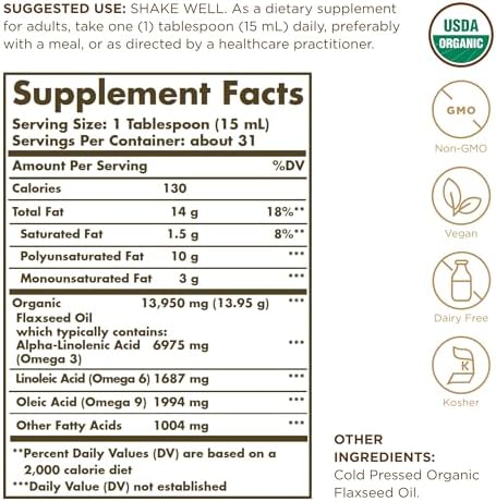 Solgar cold pressed organic flaxseed oil liquid nutrition labels and ingredient facts