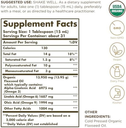 Solgar cold pressed organic flaxseed oil liquid nutrition labels and ingredient facts