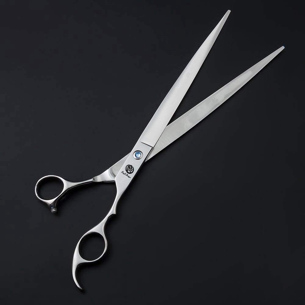 Ergonomic offset handle design of Purple Dragon ten inch salon scissors close up view