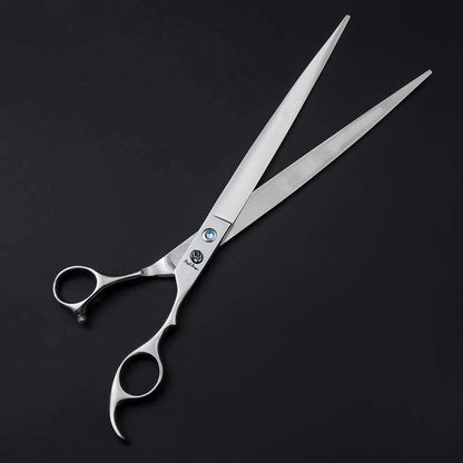 Ergonomic offset handle design of Purple Dragon ten inch salon scissors close up view