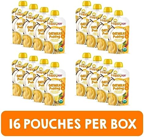 The complete sixteen pack box of HAPPYTOT organic oatmilk pudding purees for toddlers