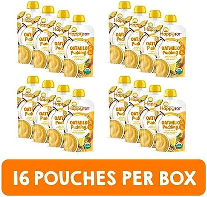 The complete sixteen pack box of HAPPYTOT organic oatmilk pudding purees for toddlers