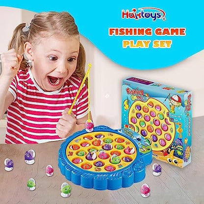 Haktoys motorized fishing board game base with the three way music power switch highlighted