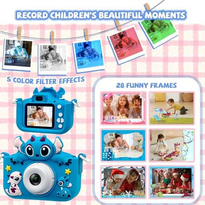 RAYBITU children digital video camera packaged with the included thirty two gigabyte SD card.